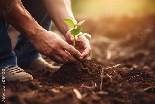 Human hand growing young plant on soil with sun light background.