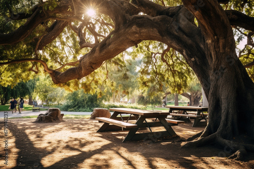 Wood table for family picnic under big tree