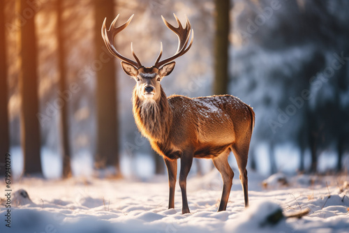 Red deer standing on snow ground in the forest