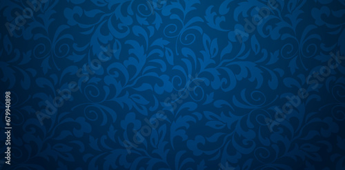 Vector illustration dark blue background with floral ornament Seamless damask wallpaper for Presentations marketing, decks, ads, books covers, Digital interfaces, print design templates materials
