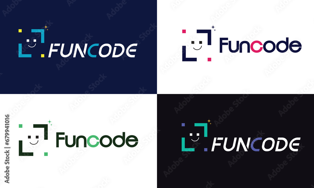 Fun Coding logo vector, coding programming icon vector template, programming logo, smile face logo coding symbol