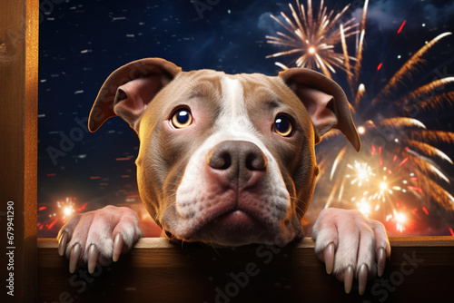 A pit bull dog looks out the window with a sad expression on his face on New Year's Eve celebrations. photo
