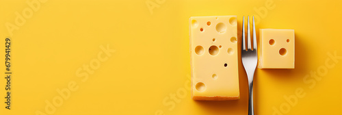 A fork with a piece of cheese on top of it on a yellow background, advertising banner, web banner, Place for your text, copy space, empty space, Generative AI