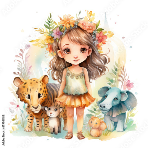 Safari Animal set little fairie in colorful dresses Illustration  Generative Ai