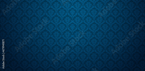 vector illustration seamlessly patterns dark blue damask wallpaper for Presentations marketing, decks, Canvas for text-based compositions: ads, book covers, Digital interfaces, print design templates photo