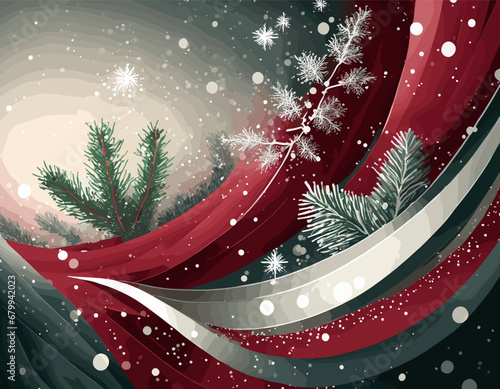 Elegant celebration in an abstract Christmas background, with a chic palette of cranberry red, frosty silver, and evergreen.