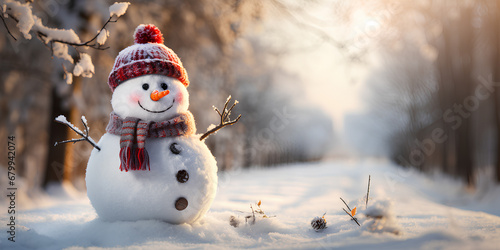A view of a cheerful snowman standing in a serene winter, Generative AI