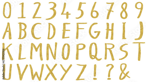 手描きしたアルファベット ABCからXYZと0から9に!と?と&マーク付き 300dpi PNG形式 ラフな手書き文字テキスト ゴールドのテクスチャを付けました