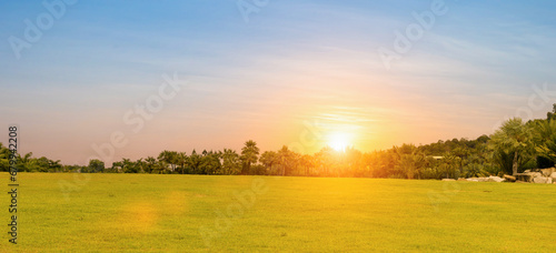 Landscape view of grass field with sunrise or sunset sky background.