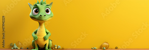 Cute green dragon Symbol on a yellow background, advertising banner, web banner, Place for your text, copy space, empty space, Generative AI