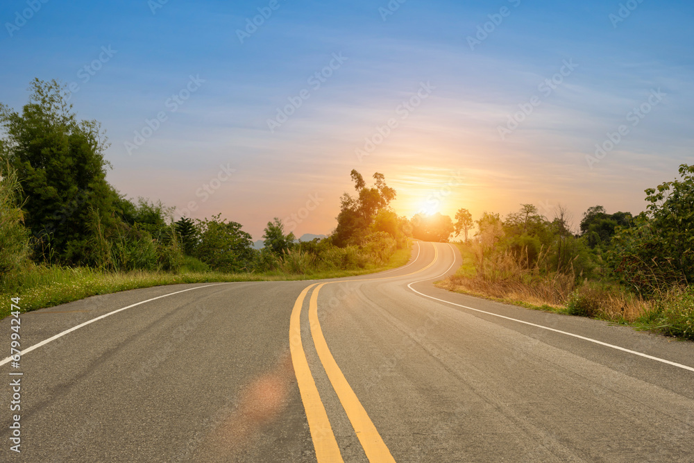 Asphalt road and mountain with sky sunset background. Countryside landscape