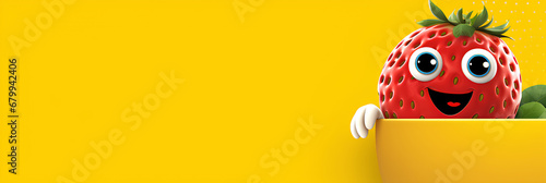 Funny strawberry character standing with arms akimbo on a yellow background, advertising banner, web banner, Place for your text, copy space, empty space, Generative AI photo
