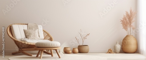 Neutral concept of living room interior with design wooden chair, round carpet, dried flowers in vase, stool, slippers, decoration and elegant personal accessories. Template. Copy space.