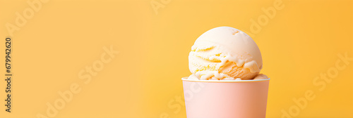 white ice cream on a brown cookie on a yellow background, advertising banner, web banner, Place for your text, copy space, empty space, Generative AI
