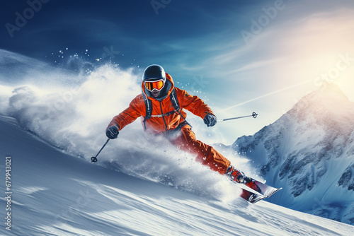 Man playing ski sport on mountain in the winter photo