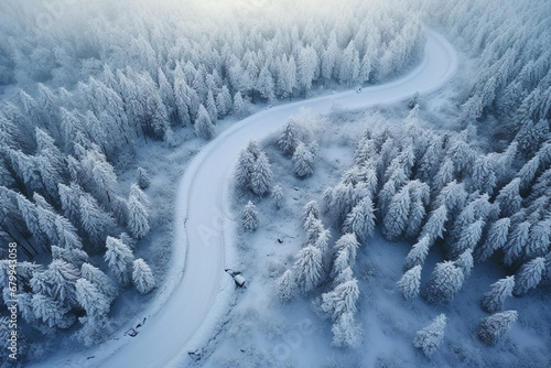 Top view of curved road with snow covering on trees beside in winter season © Sawai Thong