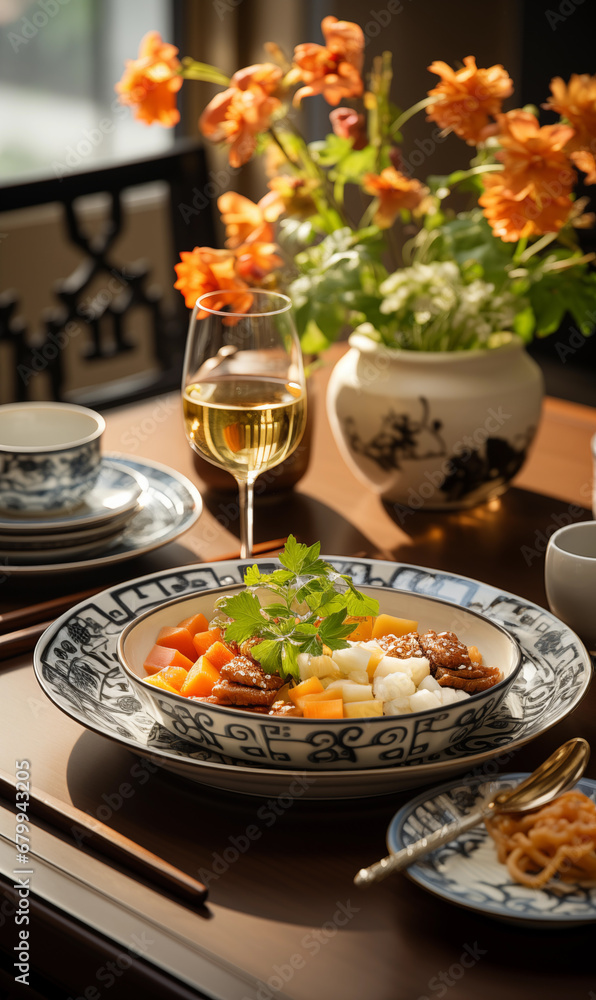 Chinese style table with food and drinks