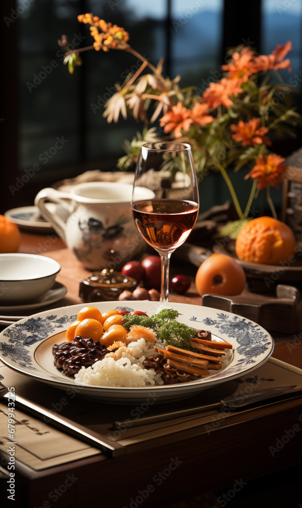 Chinese style table with food and drinks