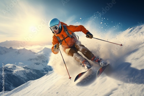 A man skiing down in the snowy mountains. Freeride. Downhill skiing from the mountainside. Beautiful mountain landscape. © Alena