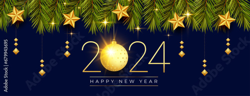 2024 new year bauble banner with xmas star and fir levees decoration