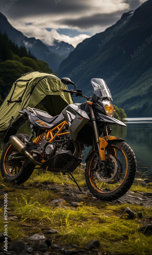 Motorcycle at campsite outdoors