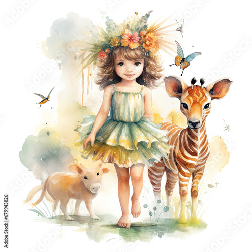 Safari Animal set little fairie in colorful dresses Illustration, Generative Ai © Creative Artist