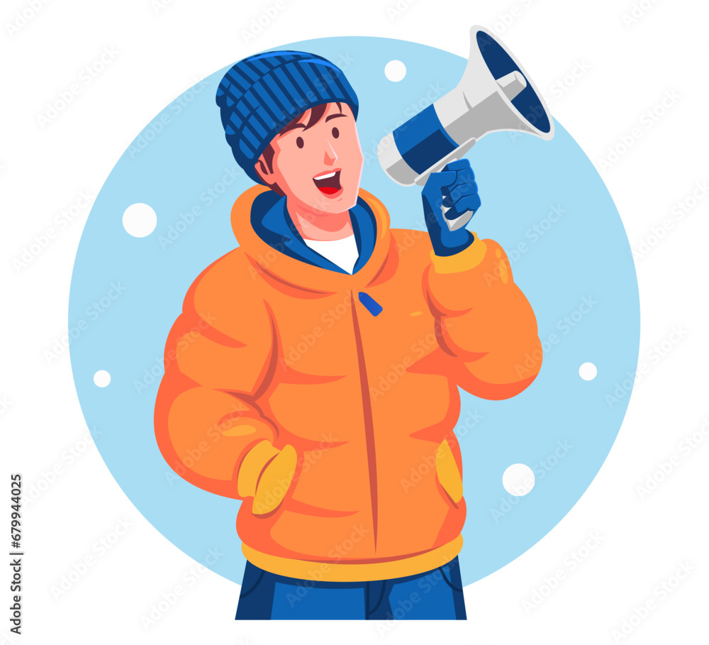 a Man Holding a Megaphone with Snowflakes a Man Holding a Megaphone with Snowflakes