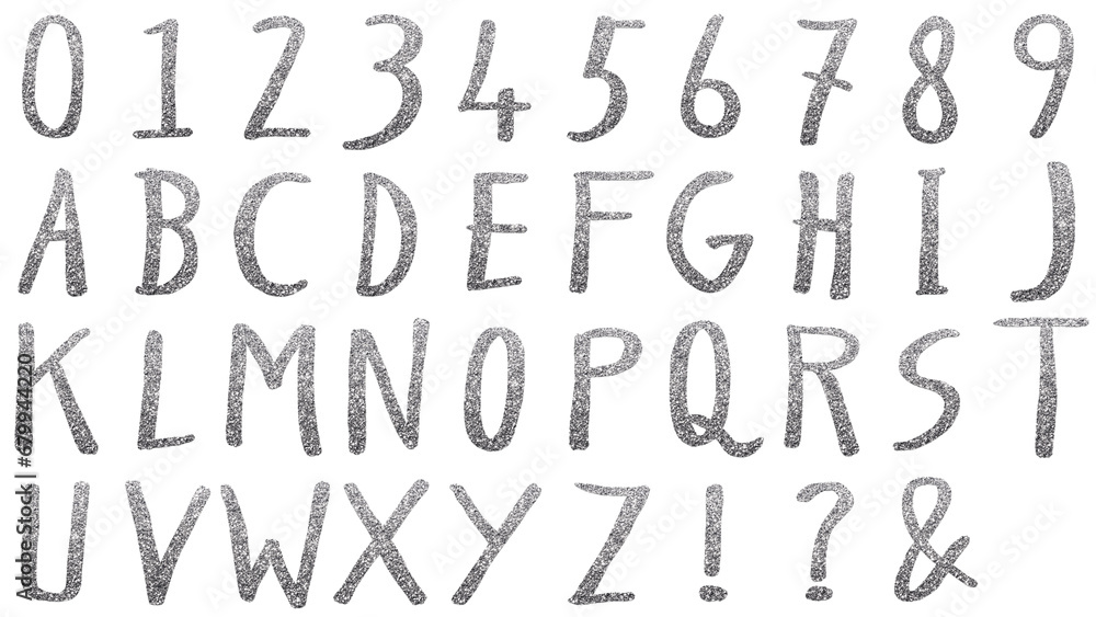 手描きしたアルファベット　ABCからXYZと0から9に!と?と&マーク付き 300dpi PNG形式　ラフな手書き文字テキスト キラキラグリッターのテクスチャを付けました