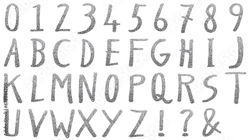 手描きしたアルファベット ABCからXYZと0から9に!と?と&マーク付き 300dpi PNG形式 ラフな手書き文字テキスト キラキラグリッターのテクスチャを付けました