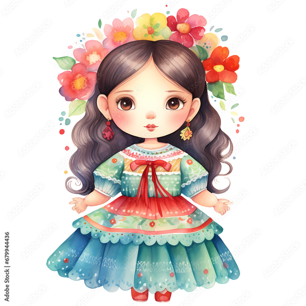 Cute Girl Mexican Watercolor Clipart Illustration