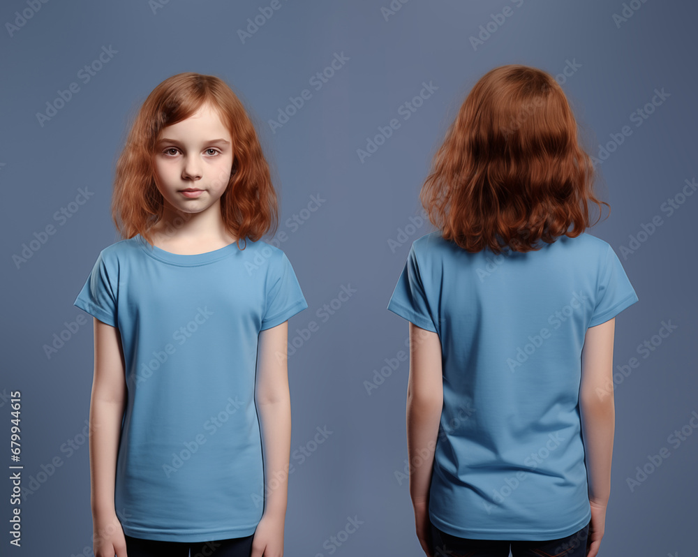 Front and back views of a little girl wearing a blue T-shirt Front and back views of a little girl wearing a blue T-shirt