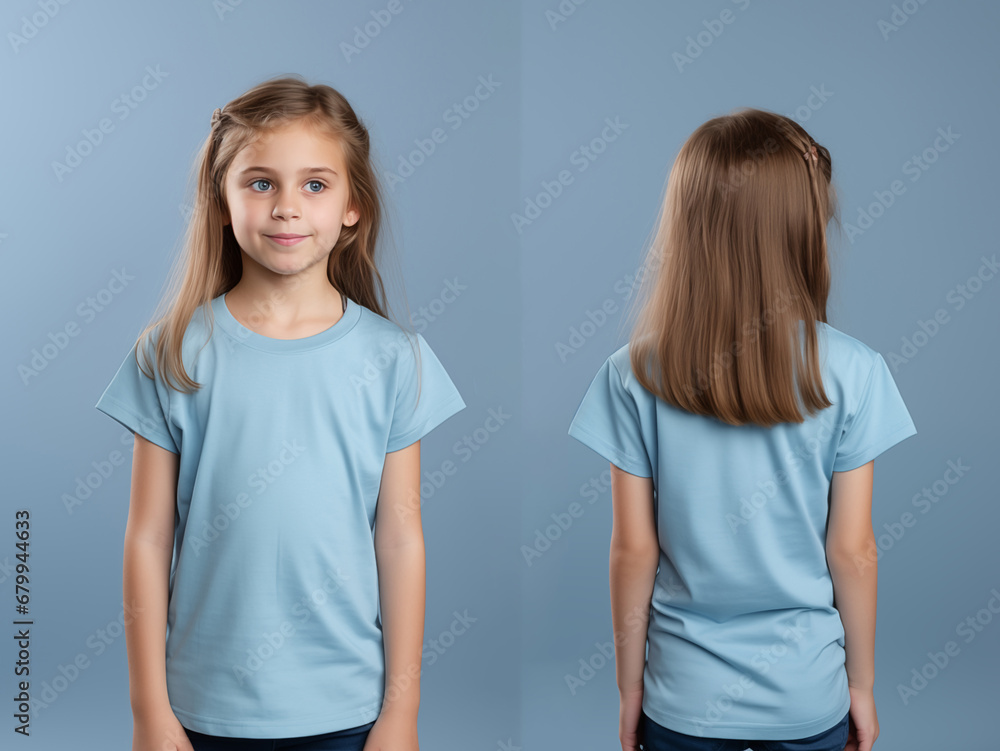 Front and back views of a little girl wearing a blue T-shirt