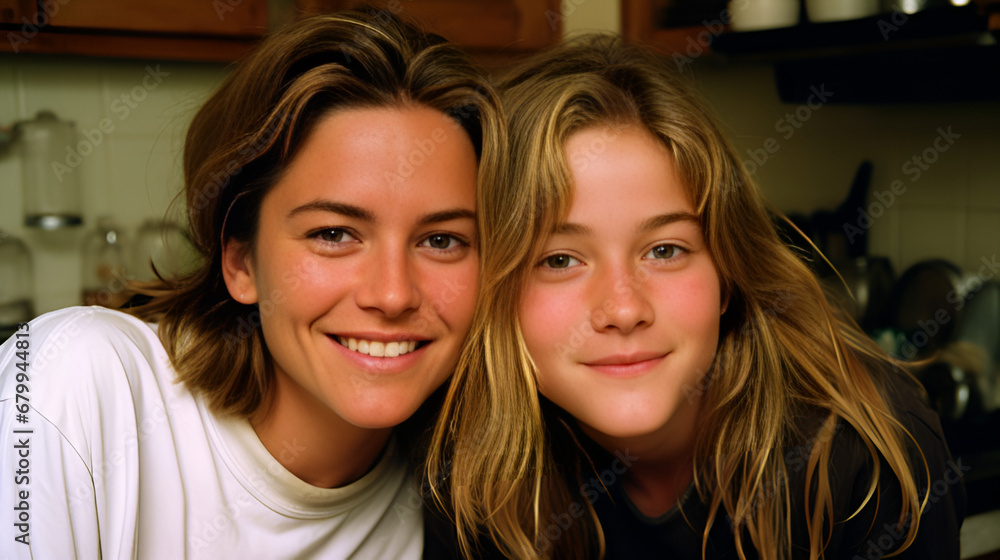 Close mother and daughter with their cheeks together | generative AI Close mother and daughter with their cheeks together | generative AI