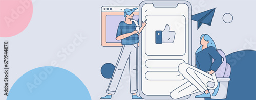 Virtual characters social communication concept business flat vector hand drawn illustration
