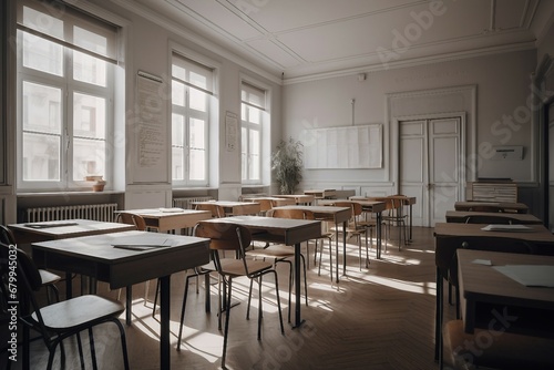 Modern and simple classroom interior  suitable for catalog cover photos in magazines or advertisements. Generative AI