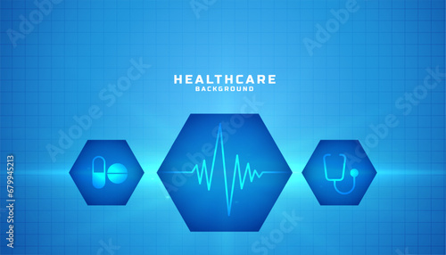 medical and health care blue banner with cardiograph