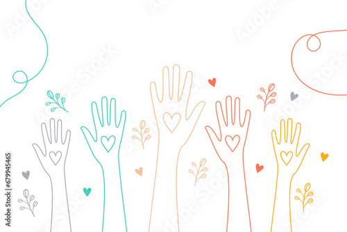 line style colorful volunteers group hands up with love heart