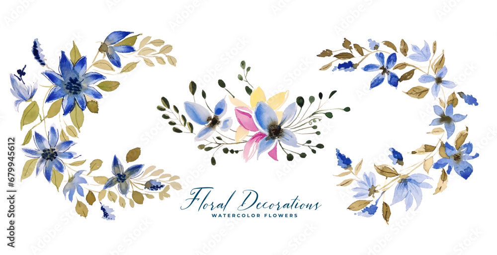 set of botanical flower and leaves background in watercolor style