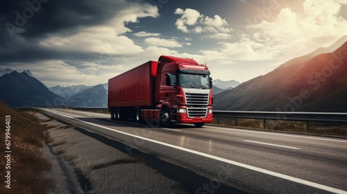 truck on highway road with red container transportation photo