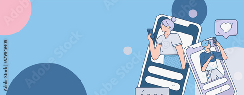 Virtual characters social communication concept business flat vector hand drawn illustration
