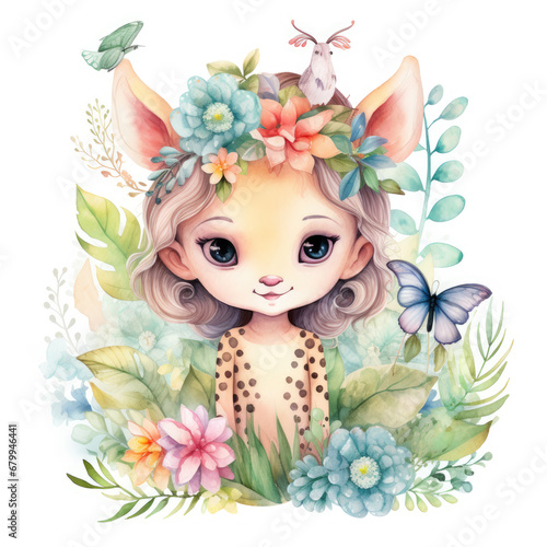 Safari Animal set little fairie in colorful dresses Illustration, Generative Ai