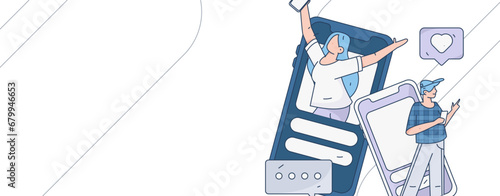 Virtual characters social communication concept business flat vector hand drawn illustration
