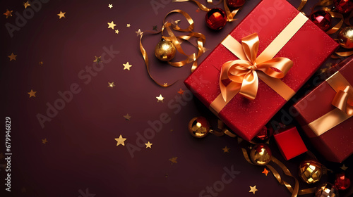 Top view of red giftbox with Christmas decorations,golden star glitter,ribbin ,ornaments.Festive season background.