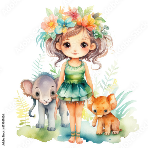 Safari Animal set little fairie in colorful dresses Illustration, Generative Ai