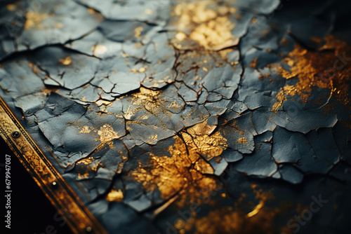 Close-up image of a textured surface with crackled gold and blue paint, creating a luxurious vintage background. photo