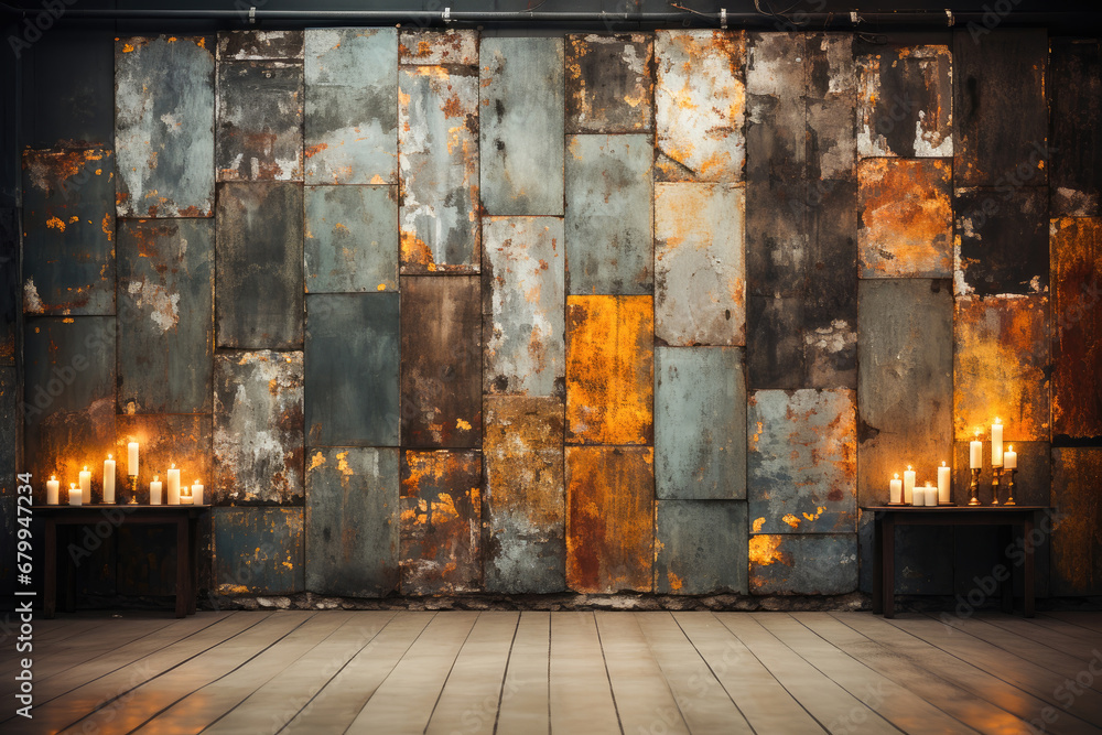Rustic metal wall with weathered textures and lit candles adding warmth to an antique industrial ambiance.