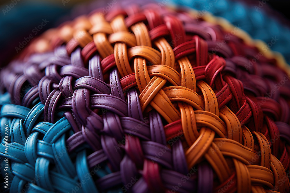 Obraz premium Close-up of a colorful woven texture with a beautiful intricate handmade pattern, perfect for vibrant backgrounds.