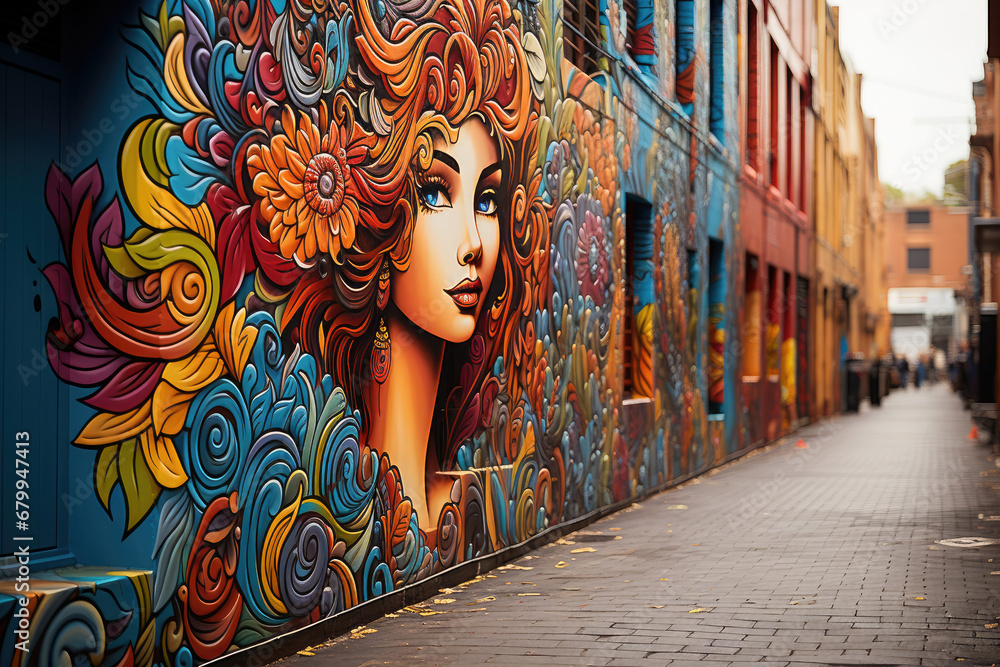 Naklejka premium A stunning street art mural of a vibrant woman, painted on an urban alley wall, brings life and color to the cityscape.