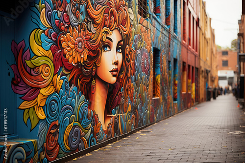 A stunning street art mural of a vibrant woman, painted on an urban alley wall, brings life and color to the cityscape. photo
