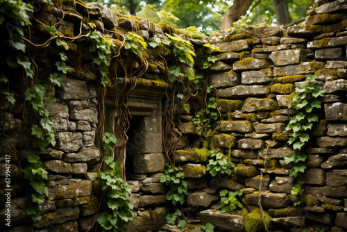 An old stone wall with green ivy and moss growing over it, depicting a serene and ancient natural setting.
